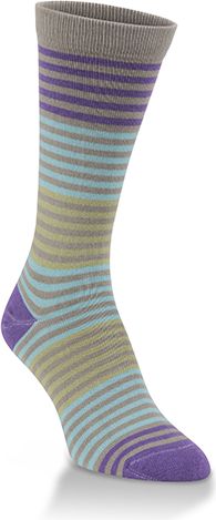 A sock with gray at the top, purple and gray stripes below that, and thin stripes of gray, blue and beige from there down.