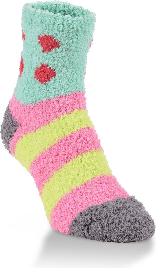Fuzzy sock with red dots, pink and yellow stripes, and gray toe and heel.