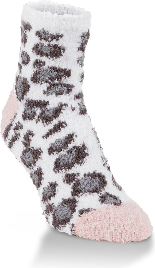 Soft white crew sock with gray leopard print and pink toe and heel.
