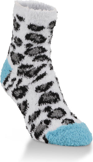 fuzzy white sock with black and gray leopard print, light blue toe and heel