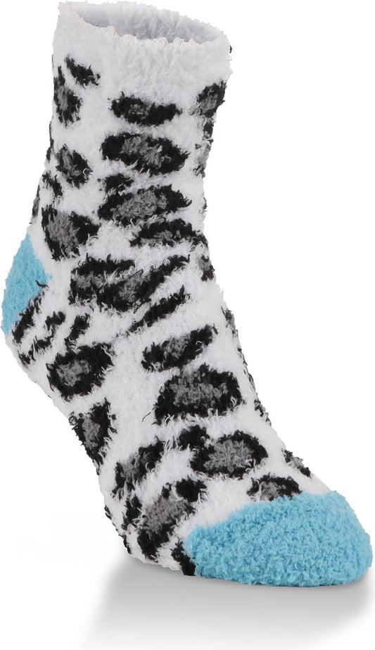 fuzzy white sock with black and gray leopard print, light blue toe and heel