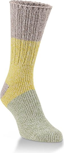 A tri-colored knit sock featuring grey, yellow, and light green.