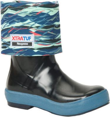 Shin-high black rubber boot with blue sole and blue and black wave patterned upper section featuring a Neoprene label.