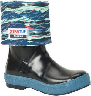 Shin-high black rubber boot with blue sole and blue and black wave patterned upper section featuring a Neoprene label.