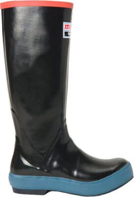 Black, knee-high rubber boot with blue sole and red trim.