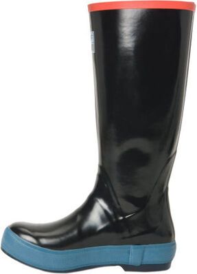 Black knee-high rain boot with blue sole and red trim around the opening.