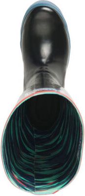 Overhead view of a tall black rubber boot with a round toe and colorful interior lining.