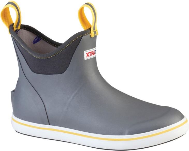 Gray ankle boot with yellow pull loops and white sole.