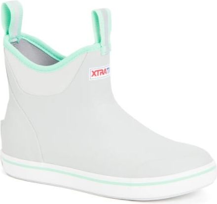 Light gray waterproof ankle boot with a mint green lining, heel tab, and striped sole; logo on the side.
