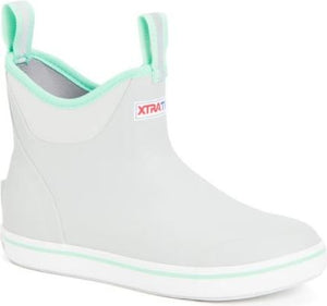 Light gray waterproof ankle boot with a mint green lining, heel tab, and striped sole; logo on the side.