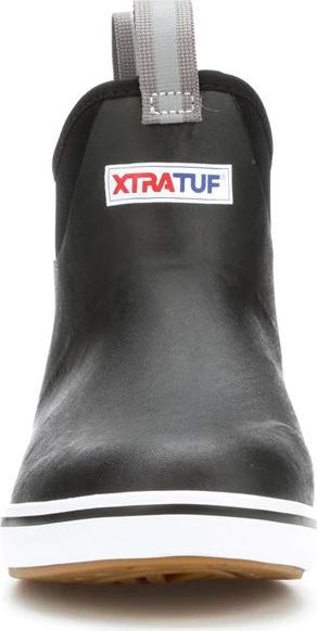 Short black rubber boot with a white midsole and the text "XTRATUF".
