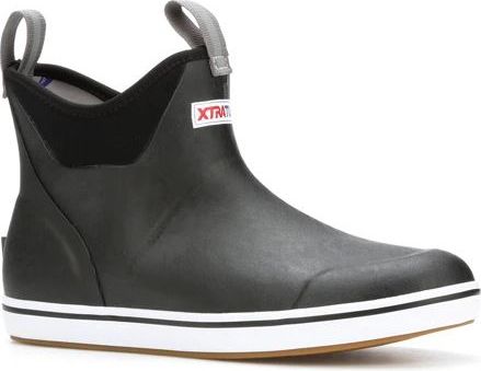 Black XTRATUF rubber ankle deck boot with white midsole and light brown outsole.