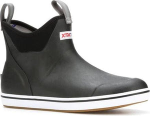 Black XTRATUF rubber ankle deck boot with white midsole and light brown outsole.