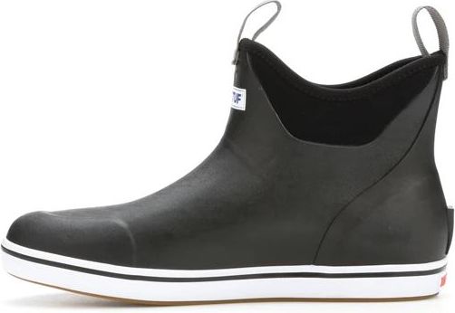 Black rain boot with white sole and white pull-on loops.