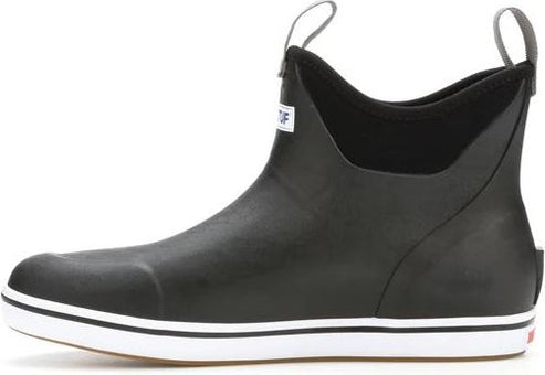 Black rain boot with white sole and white pull-on loops.