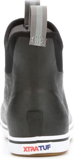 Back view of a gray boot with a gray pull-tab on the heel and the word "XTRAFATUF" on the white sole.